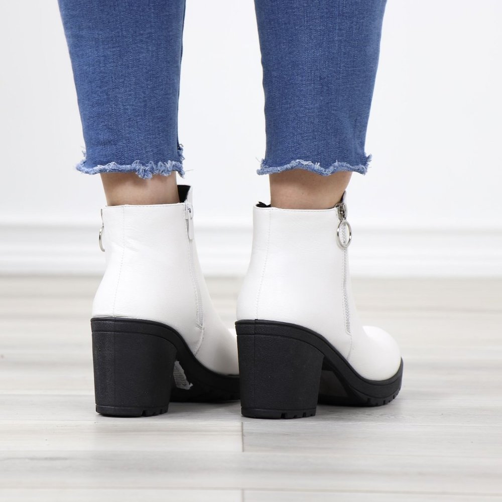 White Synthetic Leather Chunky Lug Block Heel Round Toe Ankle Boots - Picture 7 of 12